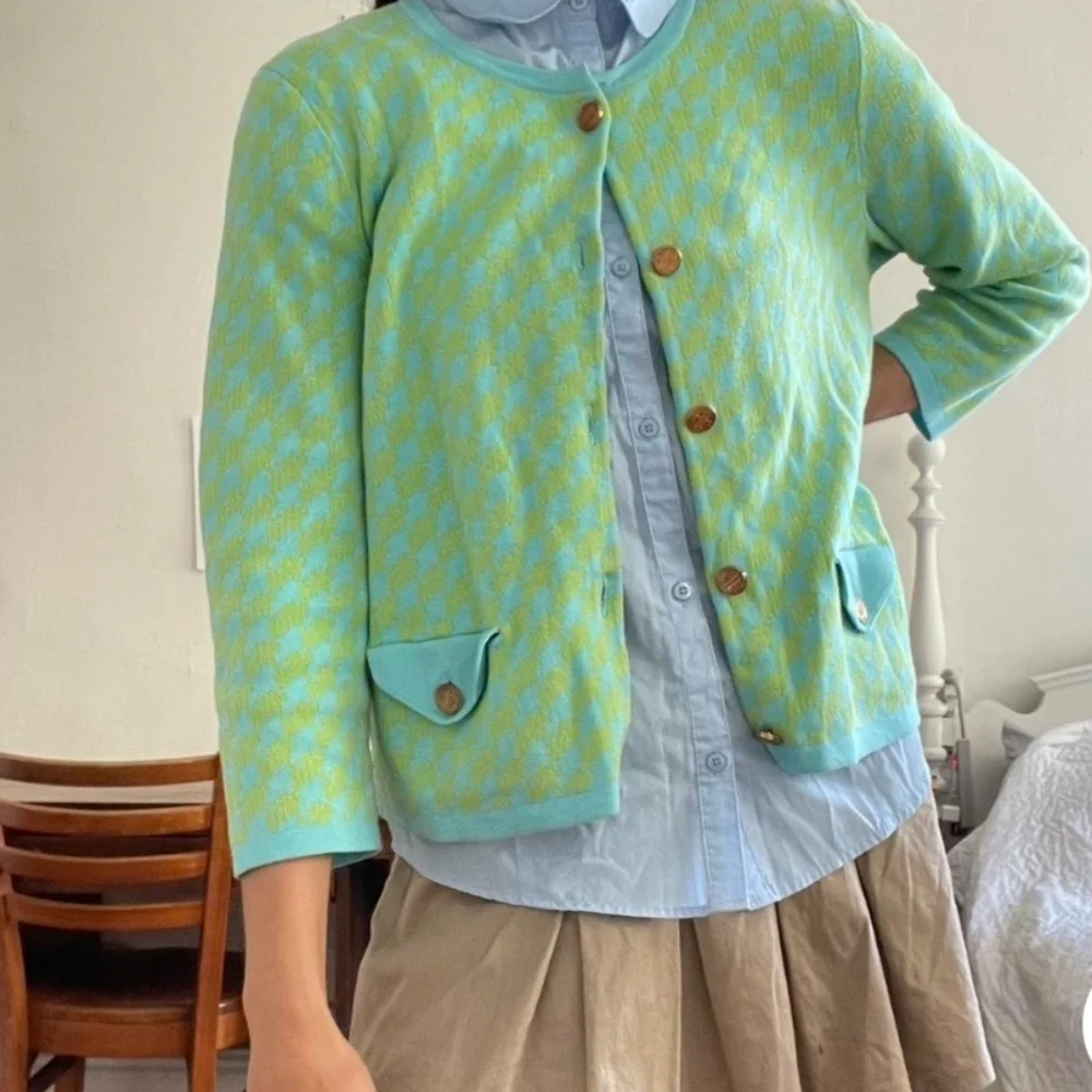 LILY PULITZER VINTAGE WOMEN'S GREEN AND BLUE HOUNDSTOOTH CARDIGAN SIZE MEDIUM